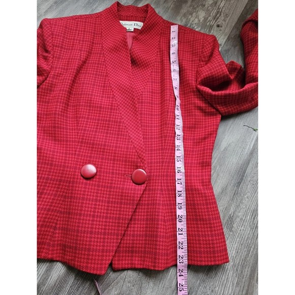 Christian Dior Vintage Houndstooth Red Plaid Pure Wool Skirt Suit Set Size 8 - Picture 10 of 16
